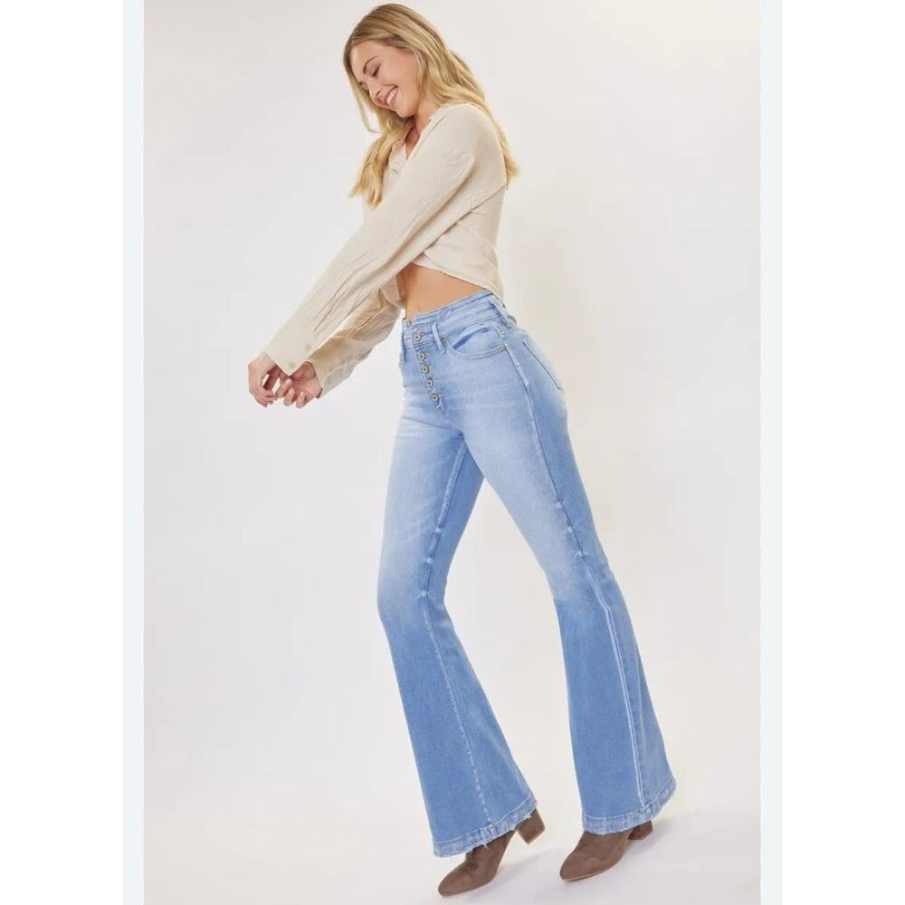 KanCan Curvy Gabriella High Rise Jeans Blue Flare Wide Leg Stretch 9/28 New